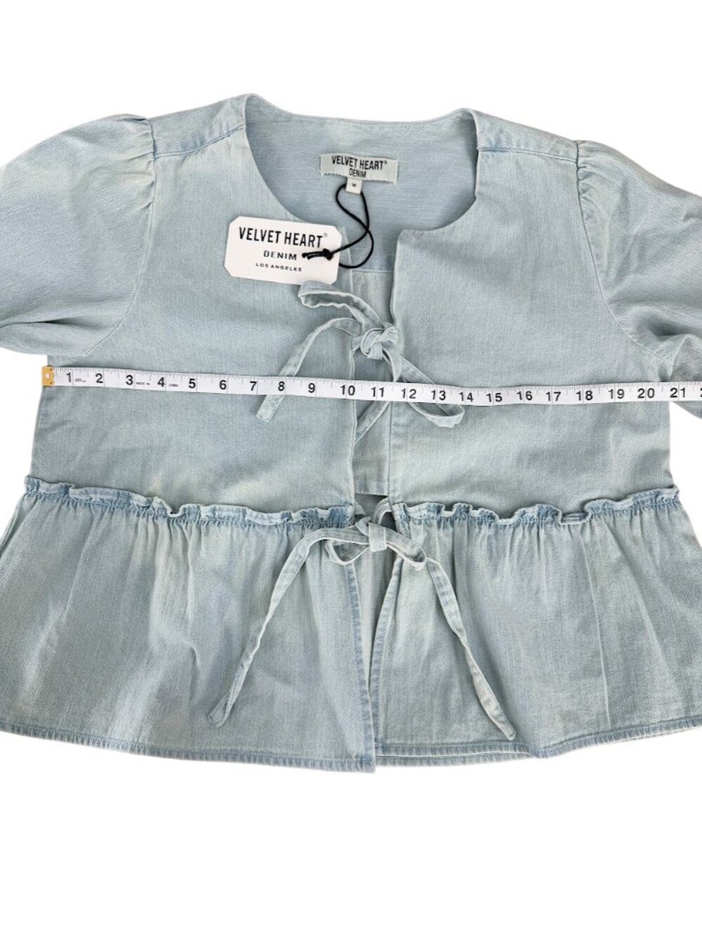 Velvet Heart Cotton Tie Front Peplum Shirt Puff Sleeve Chambray NWT M - Picture 6 of 8